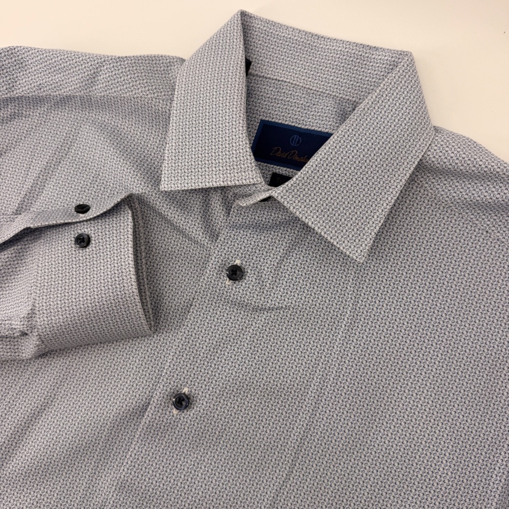 David Donahue Dress Shirt Men 16.5 34/35 Blue Geometric Trim Fit Long Sleeve